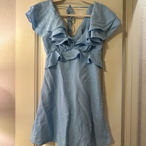 Blue Ruffled Flutter Sleeve Dress